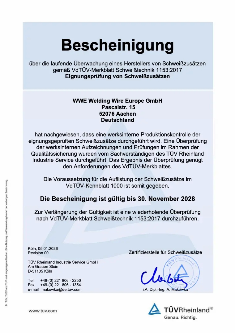 Bescheinigung Eignungsprüfung von Schweißzusätzen für die Welding Wire Europe GmbH