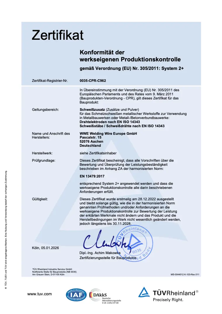 Zertifikat Konformität der werkseigenen Produktionskontrolle der Welding Wire Europe GmbH